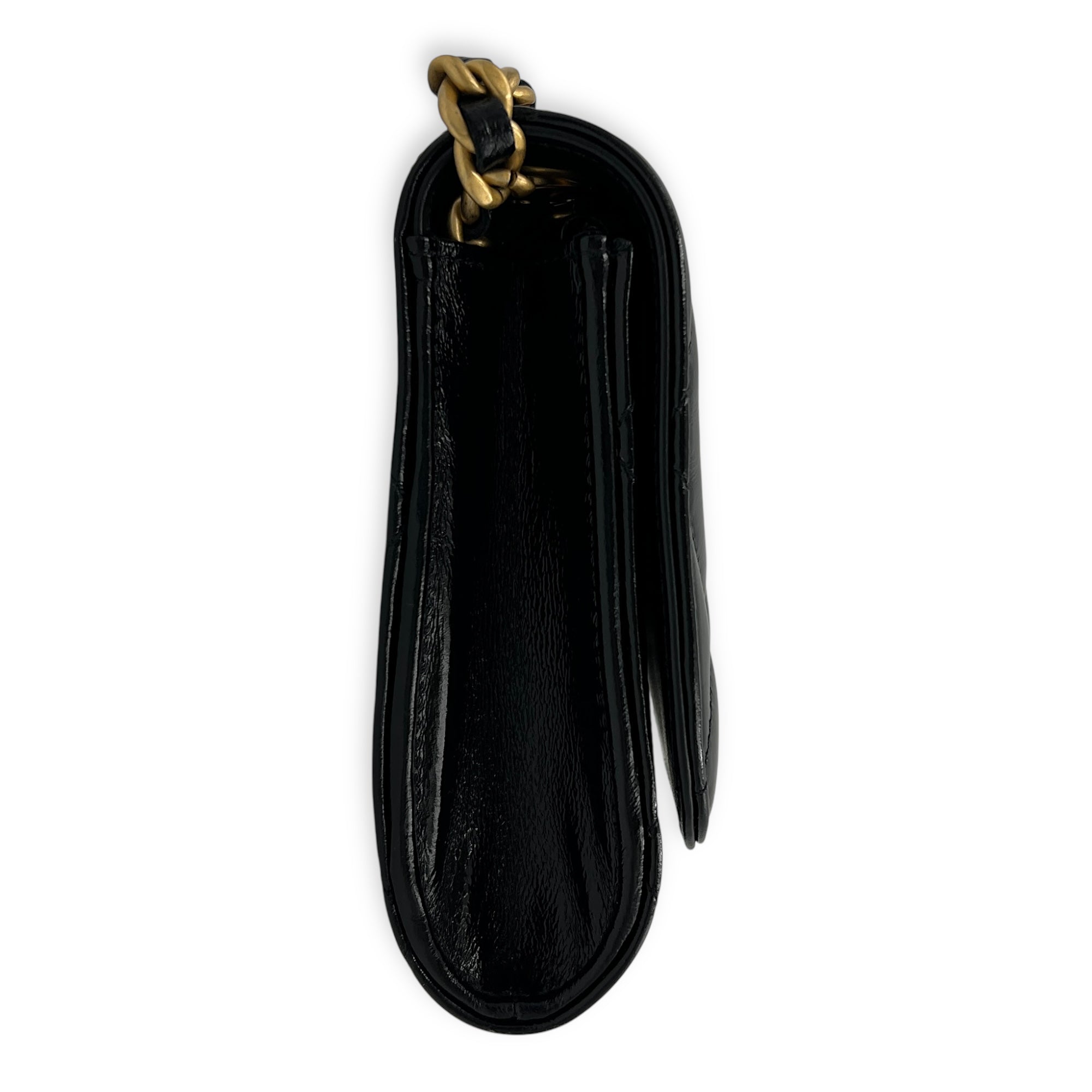 CC Black Wallet On Chain in Patent Leather, Brushed Gold hardware