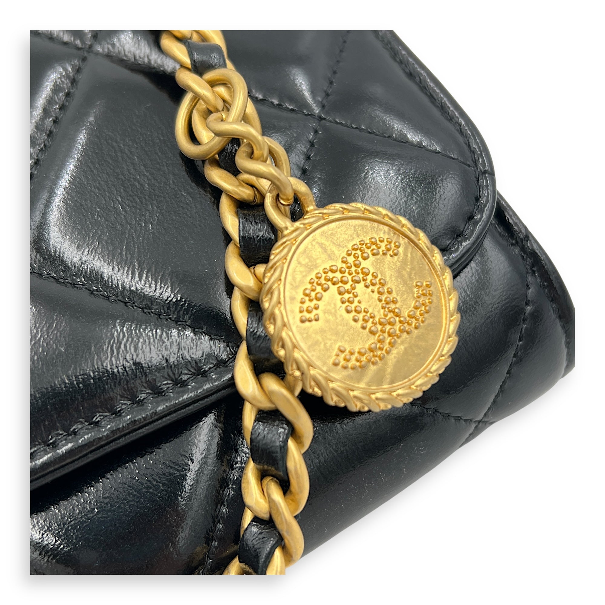 CC Black Wallet On Chain in Patent Leather, Brushed Gold hardware