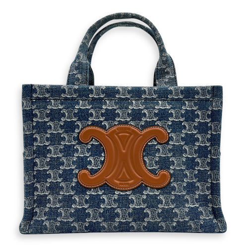 Triomphe Cabas Tote Bag Blue in Denim, Gold hardware