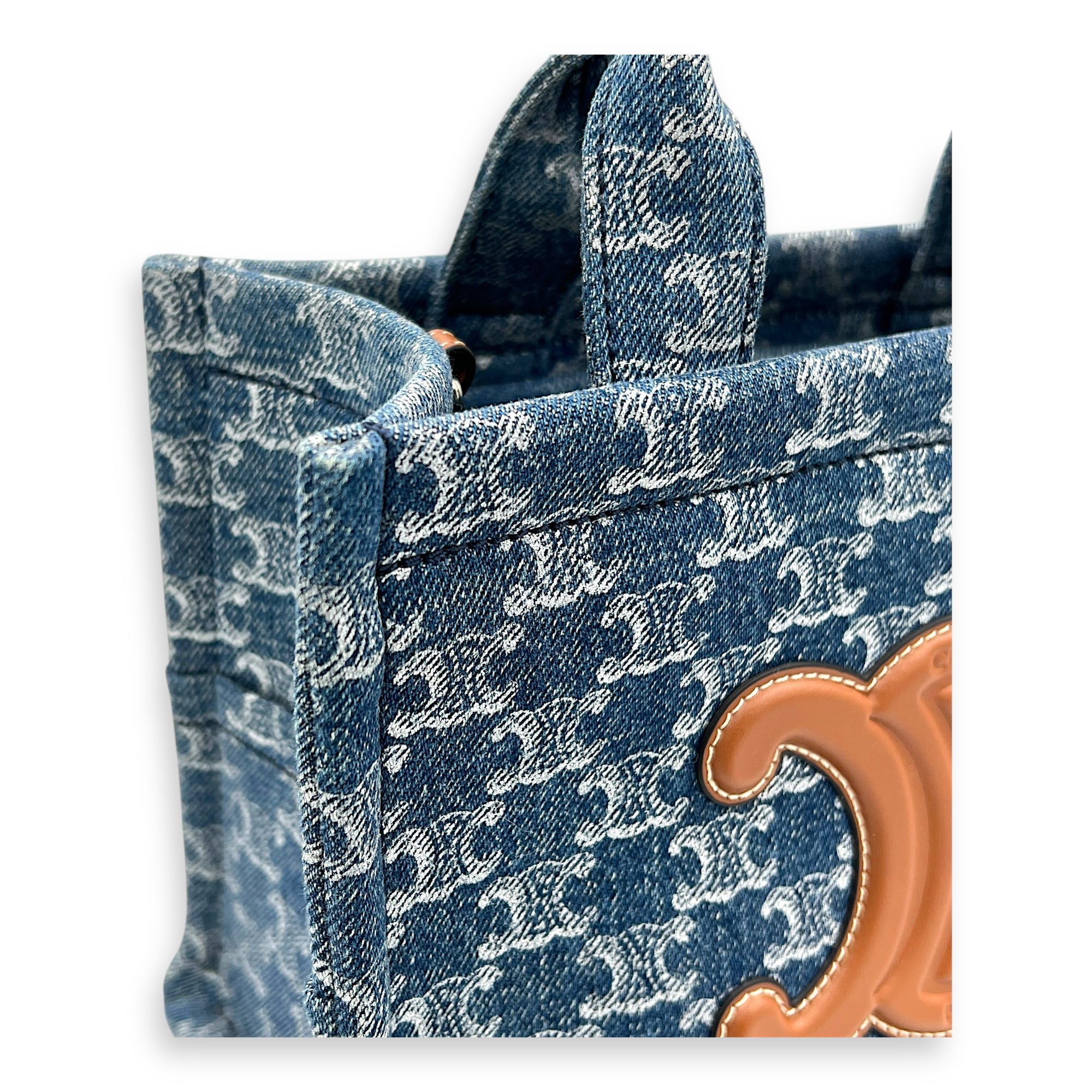 Triomphe Cabas Tote Bag Blue in Denim, Gold hardware