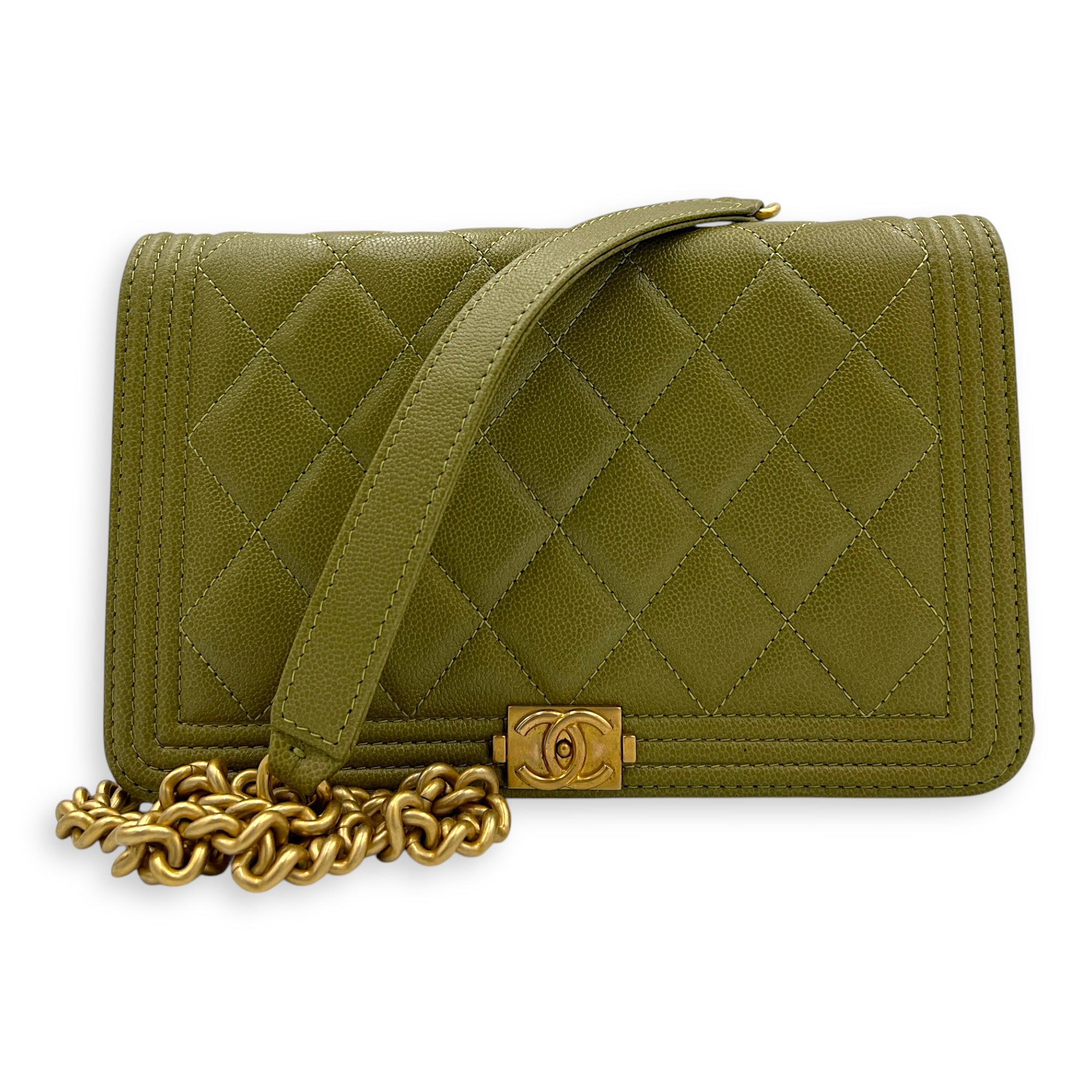 Boy Wallet On Chain Green in Caviar Leather, Gold hardware