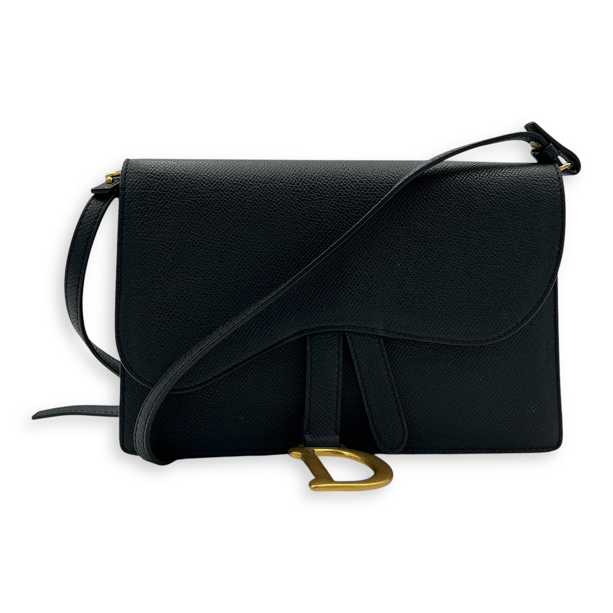 Saddle Wallet On Strap Black in Calfskin, Gold hardware
