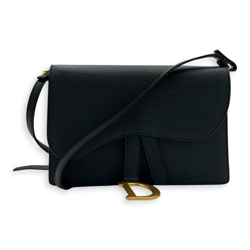 Saddle Wallet On Strap Black in Calfskin, Gold hardware