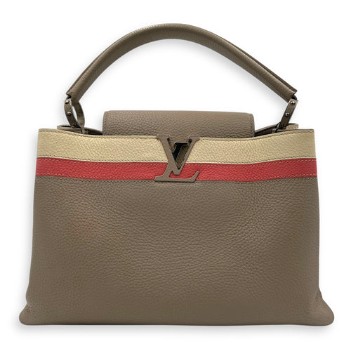 Capucines MM Grey Top Handle Bag in Taurillon Leather, Silver hardware
