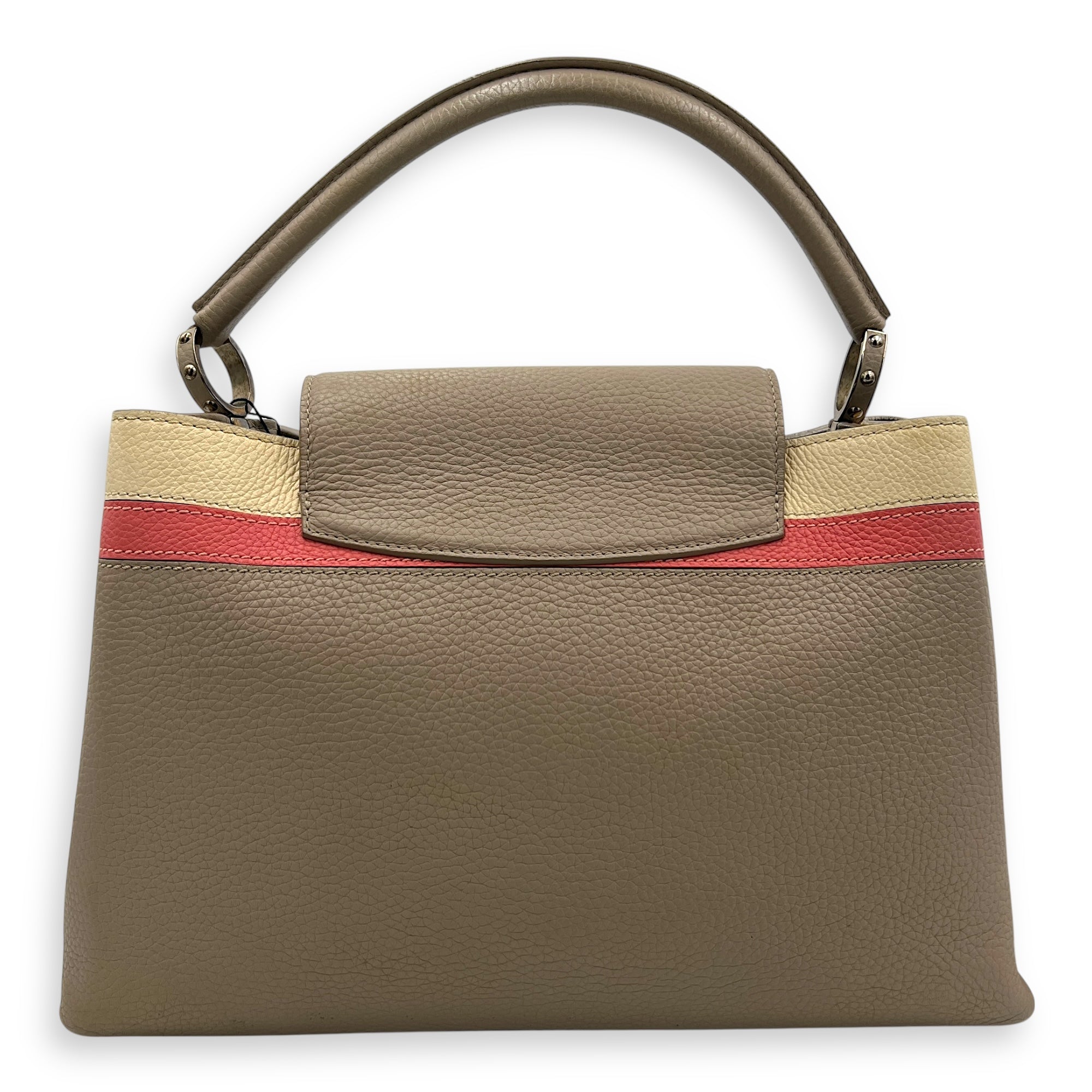Capucines MM Grey Top Handle Bag in Taurillon Leather, Silver hardware