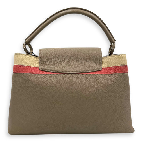 Capucines MM Grey Top Handle Bag in Taurillon Leather, Silver hardware
