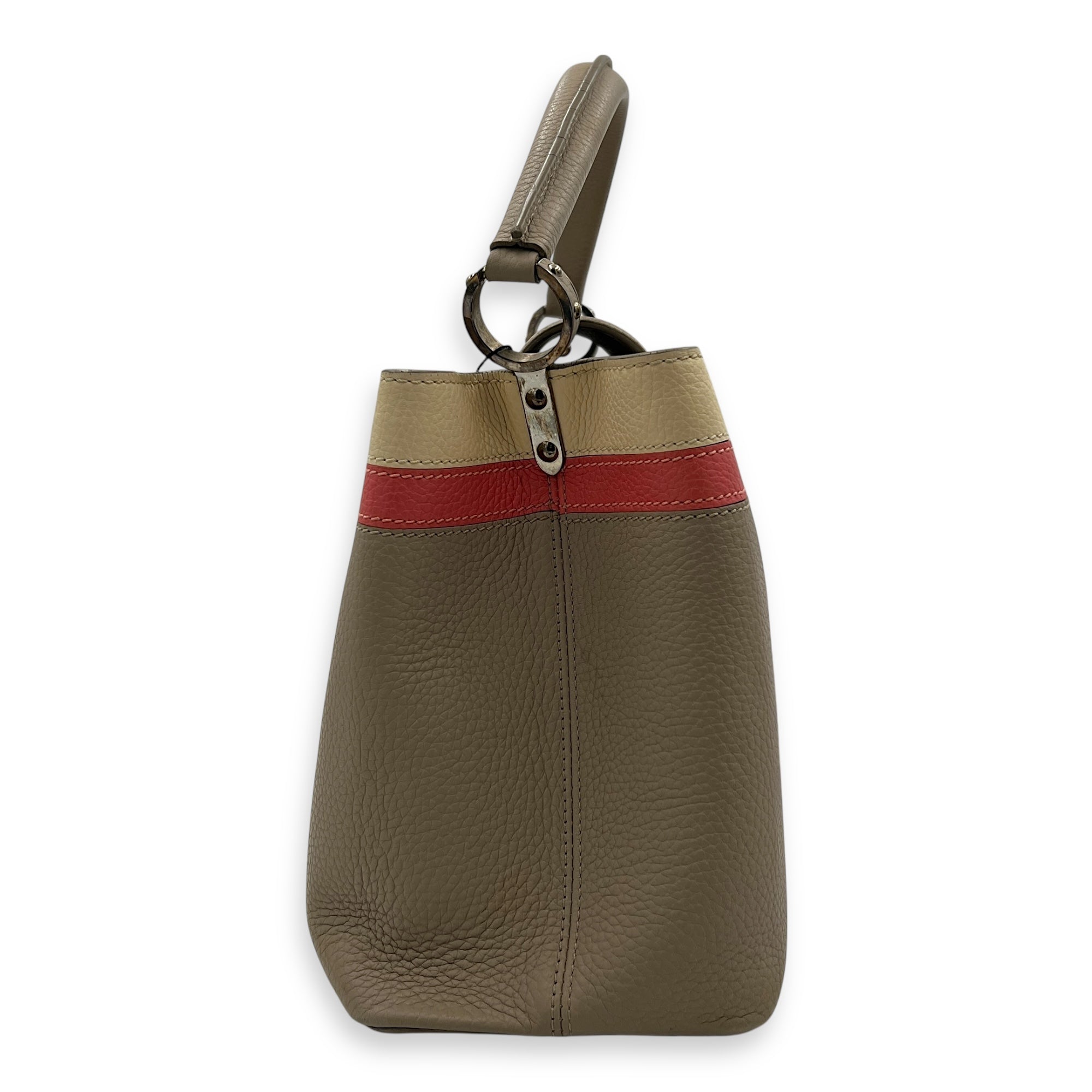 Capucines MM Grey Top Handle Bag in Taurillon Leather, Silver hardware