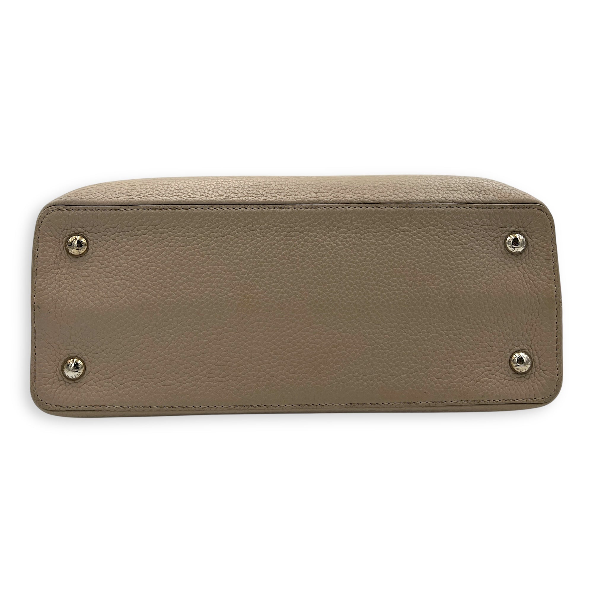 Capucines MM Grey Top Handle Bag in Taurillon Leather, Silver hardware