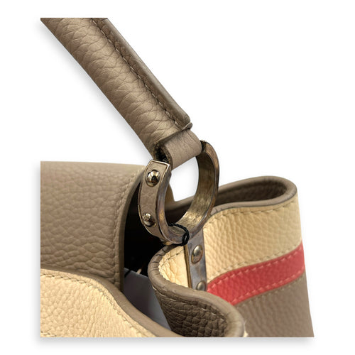 Capucines MM Grey Top Handle Bag in Taurillon Leather, Silver hardware