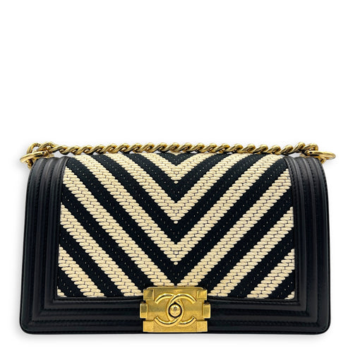 Boy Crossbody Bag Medium Black in Canvas/Lambskin, Brushed Gold hardware