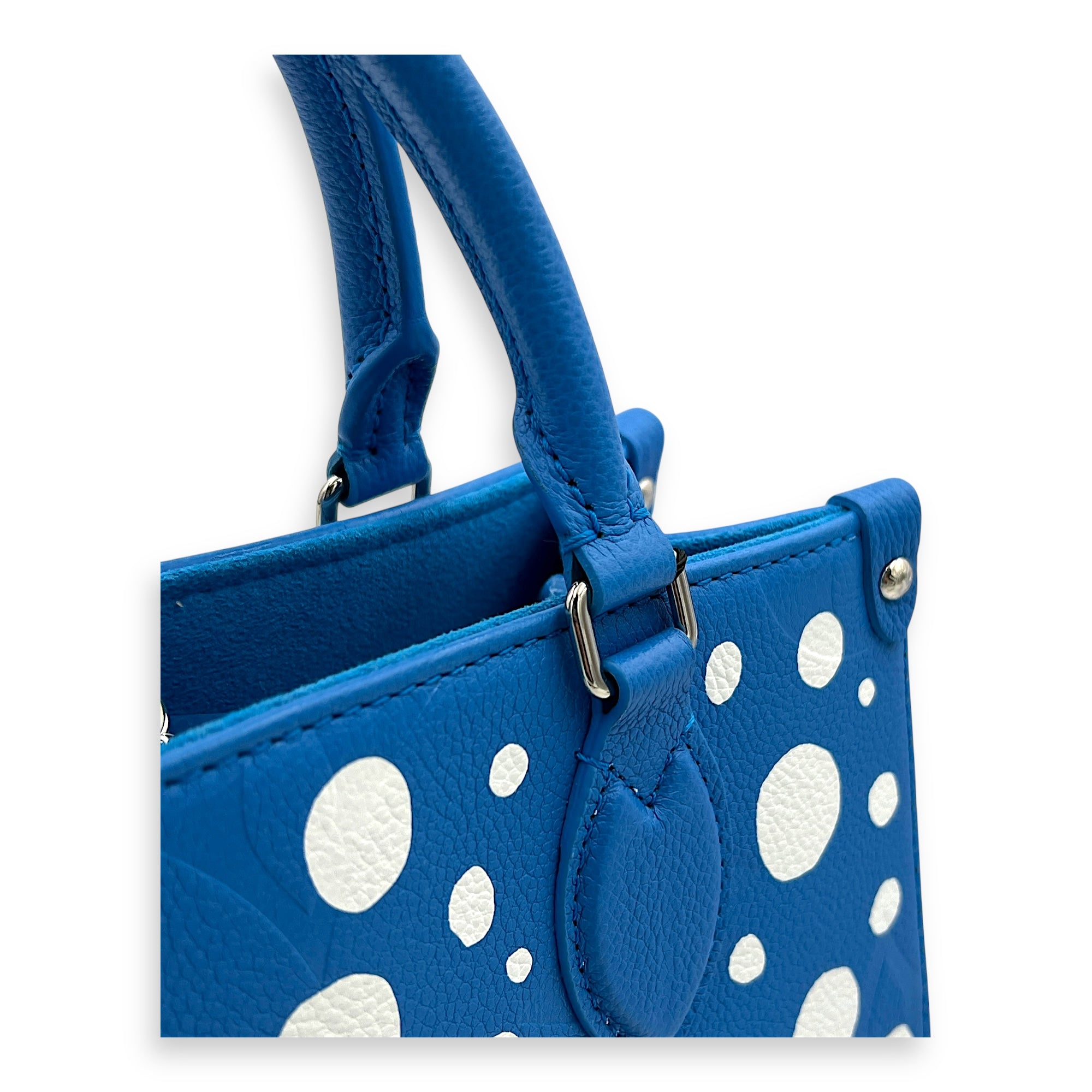 OnTheGo PM Blue Top Handle Bag in Empreinte Leather, Silver hardware