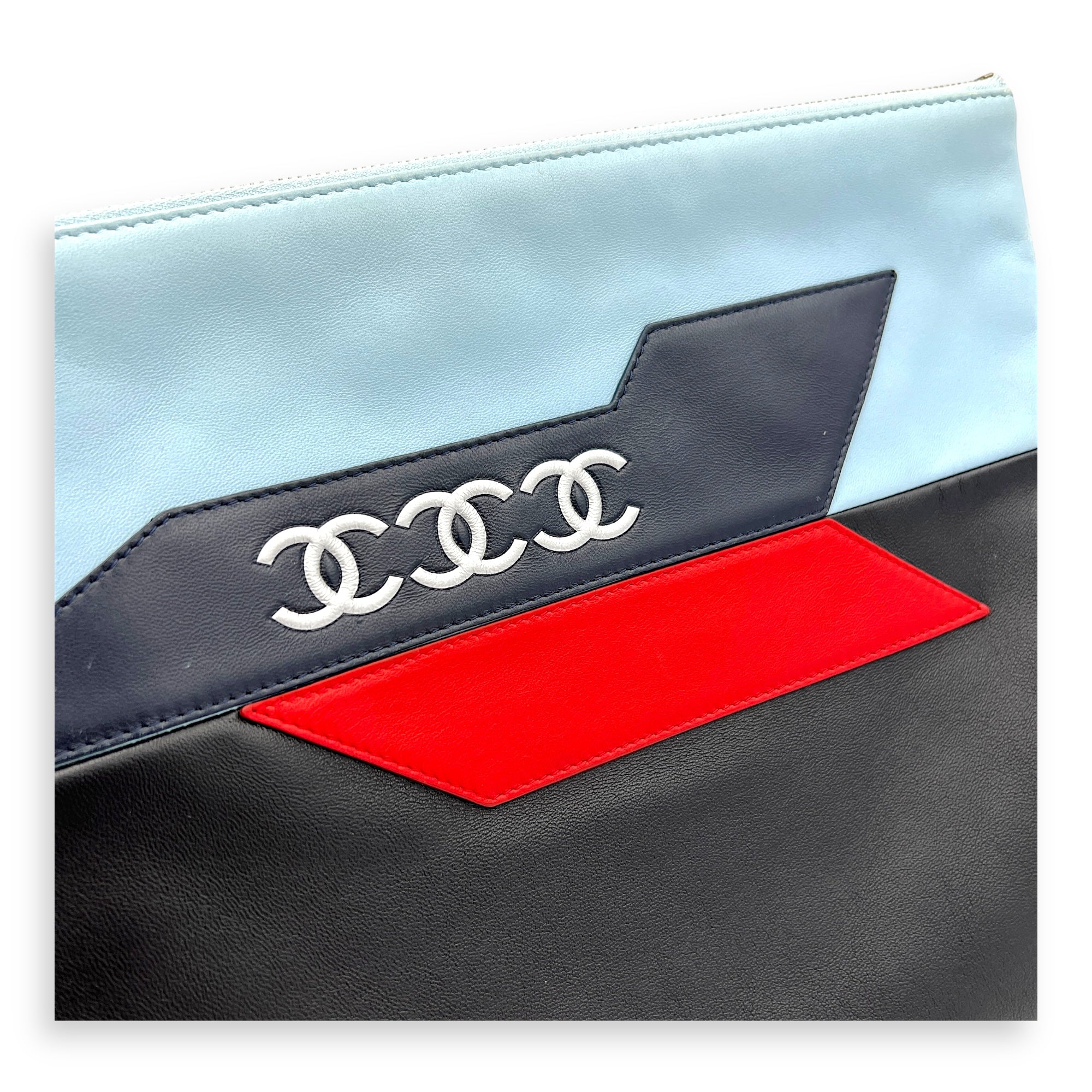 Airline CC Blue Pouch in Calfskin, Silver hardware