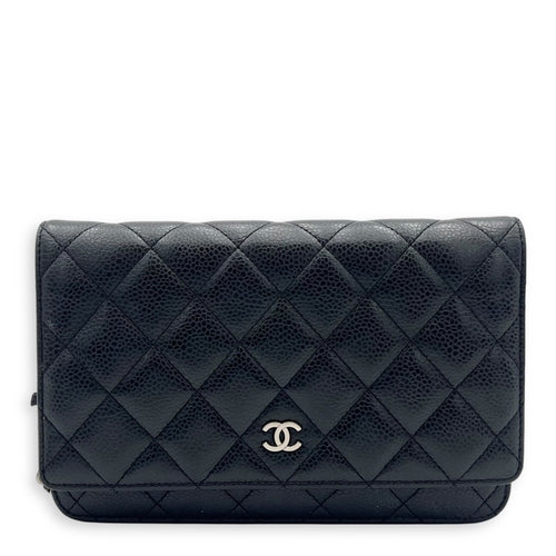 CC Wallet On Chain Black in Caviar Leather, Silver hardware