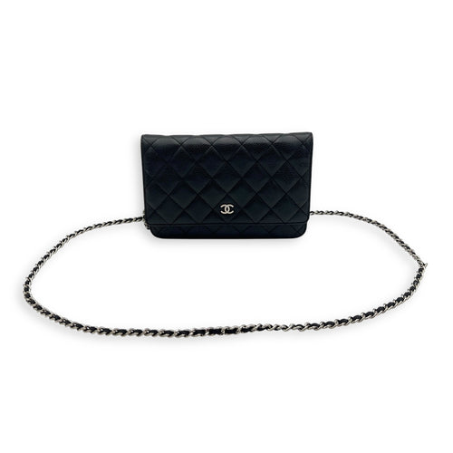 CC Wallet On Chain Black in Caviar Leather, Silver hardware