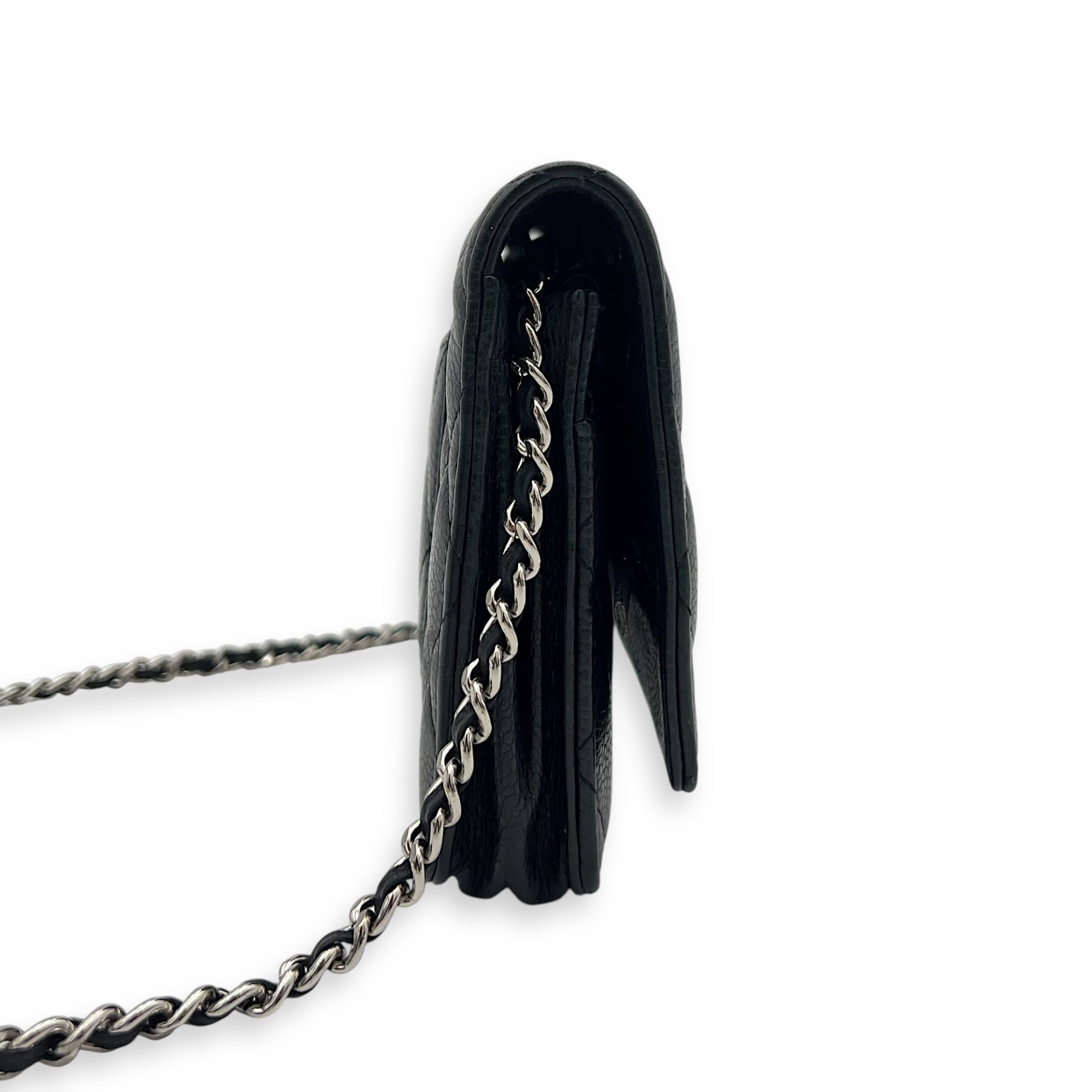 CC Wallet On Chain Black in Caviar Leather, Silver hardware