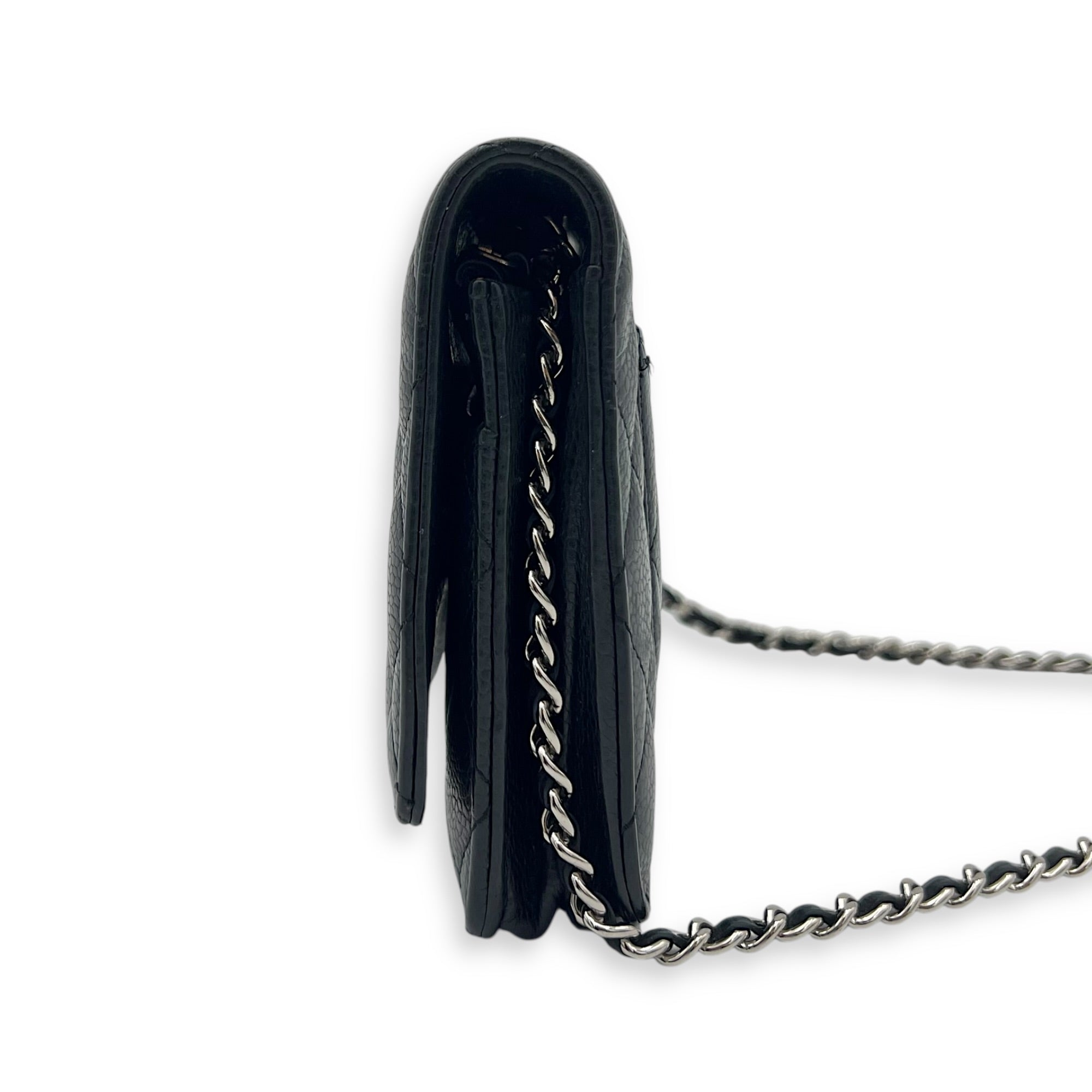 CC Wallet On Chain Black in Caviar Leather, Silver hardware