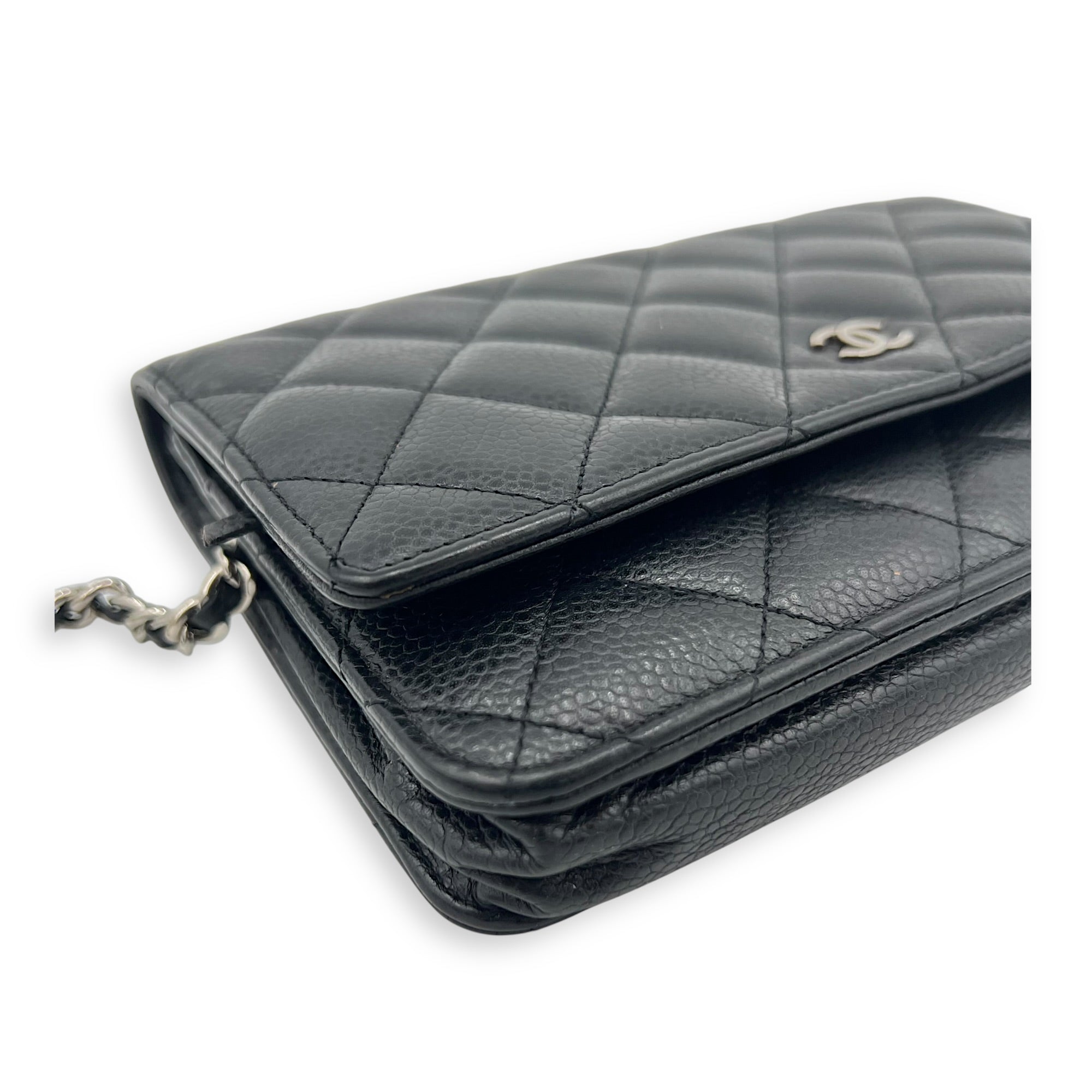 CC Wallet On Chain Black in Caviar Leather, Silver hardware