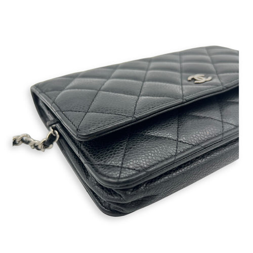 CC Wallet On Chain Black in Caviar Leather, Silver hardware
