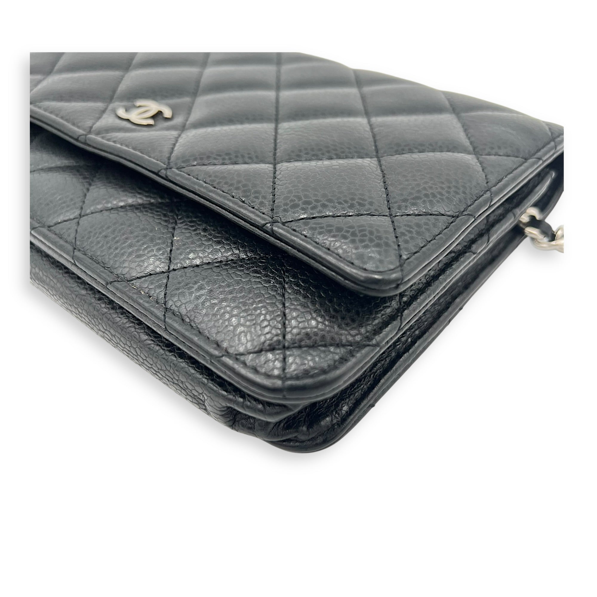 CC Wallet On Chain Black in Caviar Leather, Silver hardware