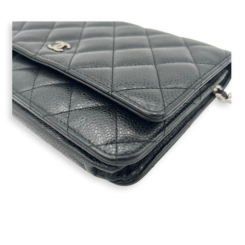 CC Wallet On Chain Black in Caviar Leather, Silver hardware