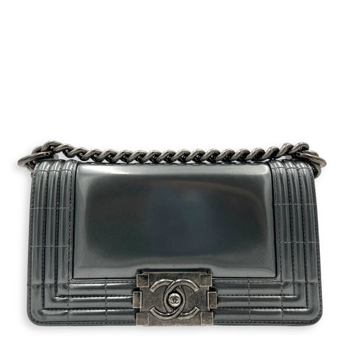 Boy Shoulder Bag Mini Silver in Patent Leather, Ruthenium hardware