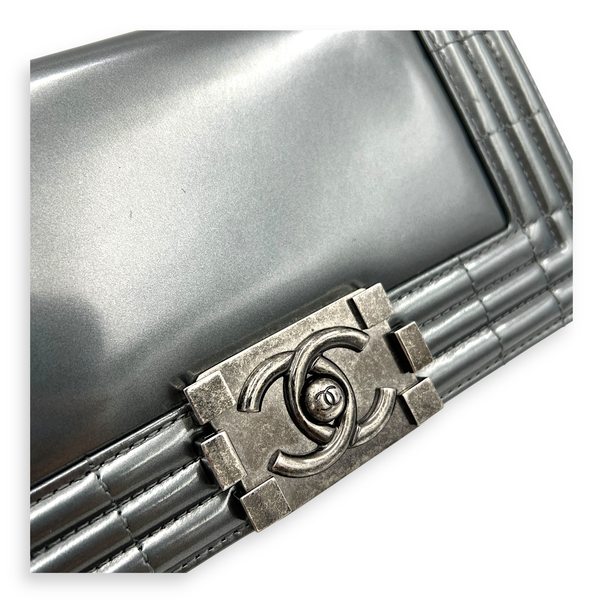 Boy Shoulder Bag Mini Silver in Patent Leather, Ruthenium hardware