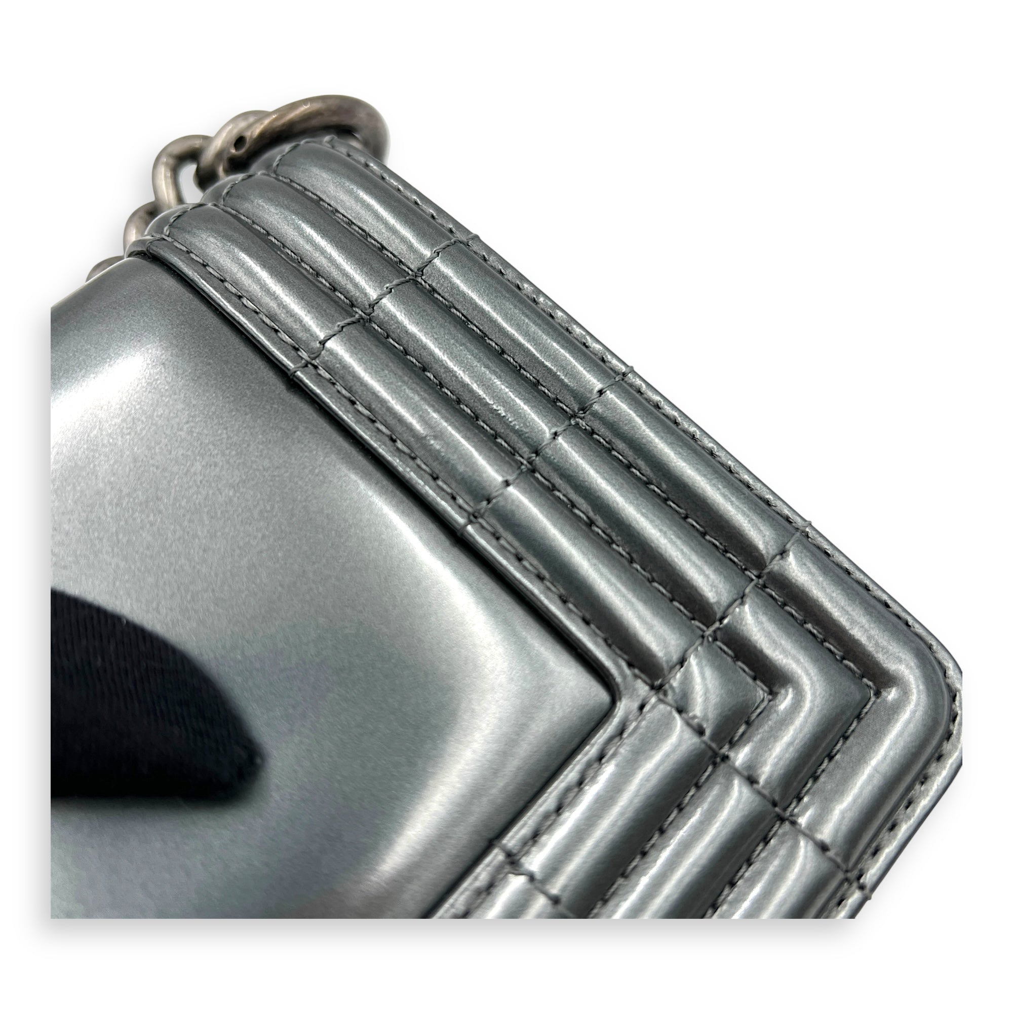 Boy Shoulder Bag Mini Silver in Patent Leather, Ruthenium hardware