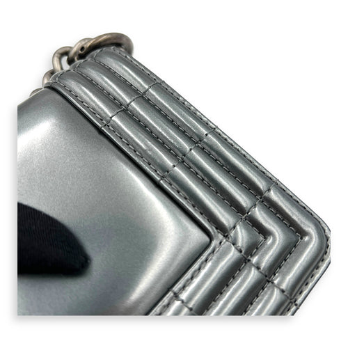 Boy Shoulder Bag Mini Silver in Patent Leather, Ruthenium hardware