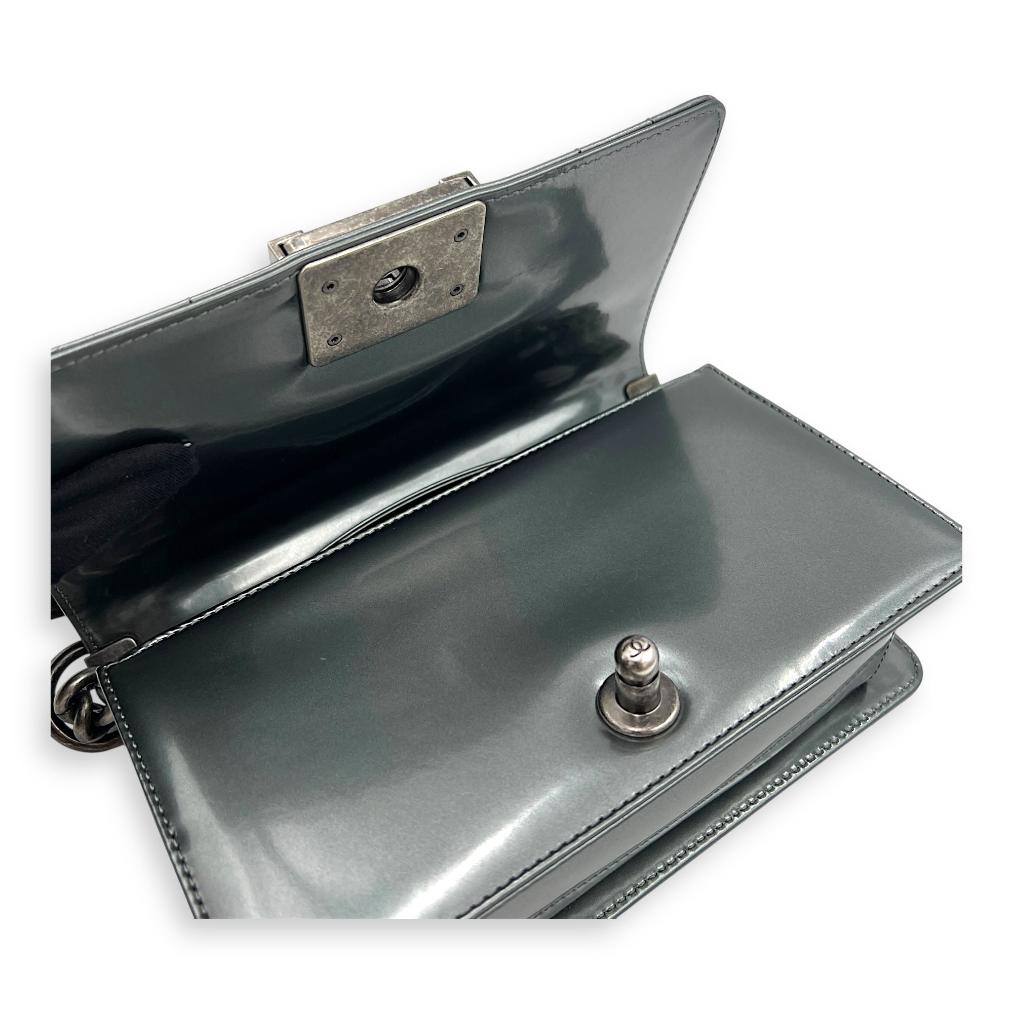 Boy Shoulder Bag Mini Silver in Patent Leather, Ruthenium hardware