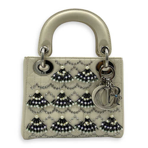 Lady Dior Top Handle Bag Mini White in Calfskin, Silver hardware