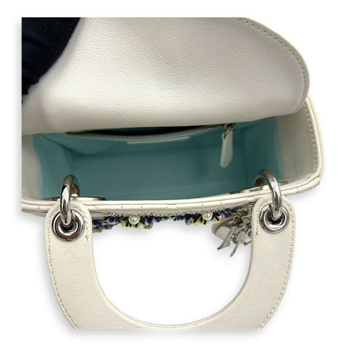 Lady Dior Top Handle Bag Mini White in Calfskin, Silver hardware