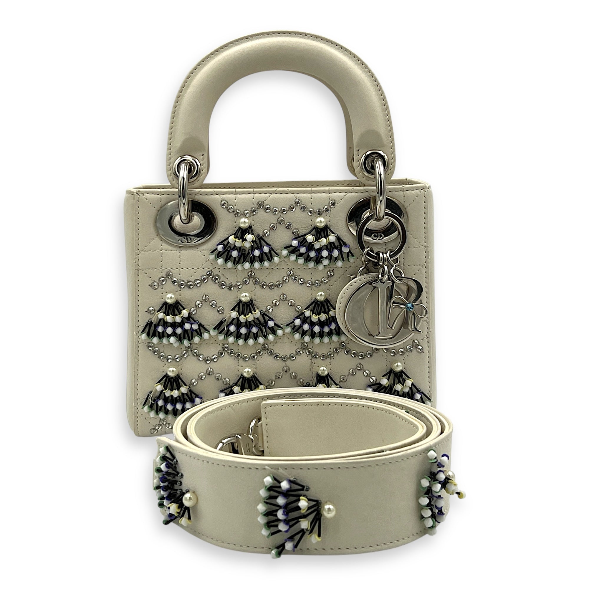 Lady Dior Top Handle Bag Mini White in Calfskin, Silver hardware