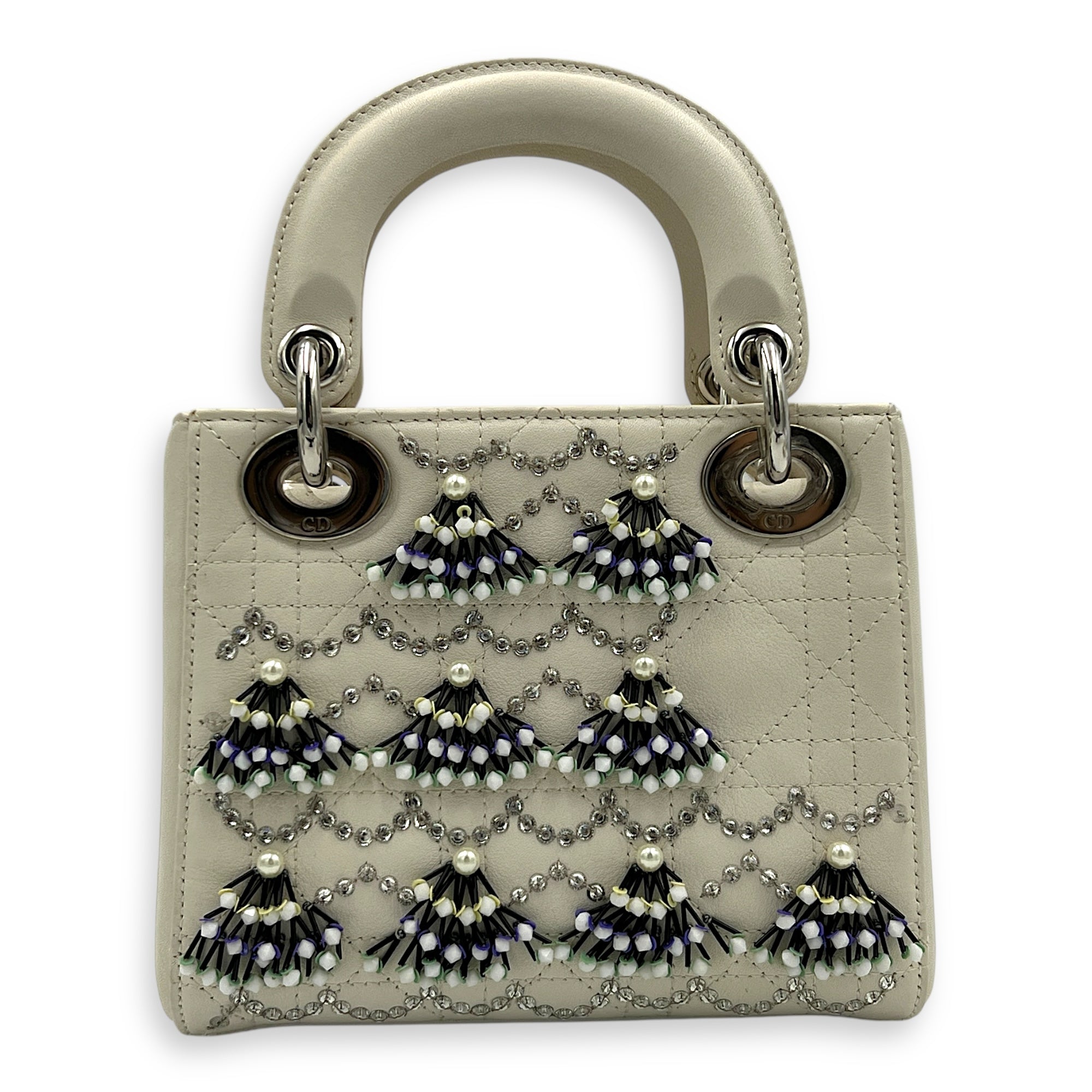 Lady Dior Top Handle Bag Mini White in Calfskin, Silver hardware