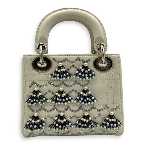 Lady Dior Top Handle Bag Mini White in Calfskin, Silver hardware