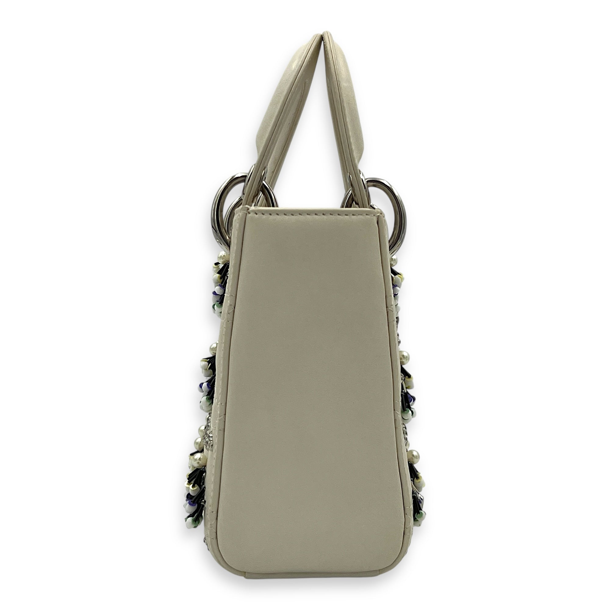 Lady Dior Top Handle Bag Mini White in Calfskin, Silver hardware