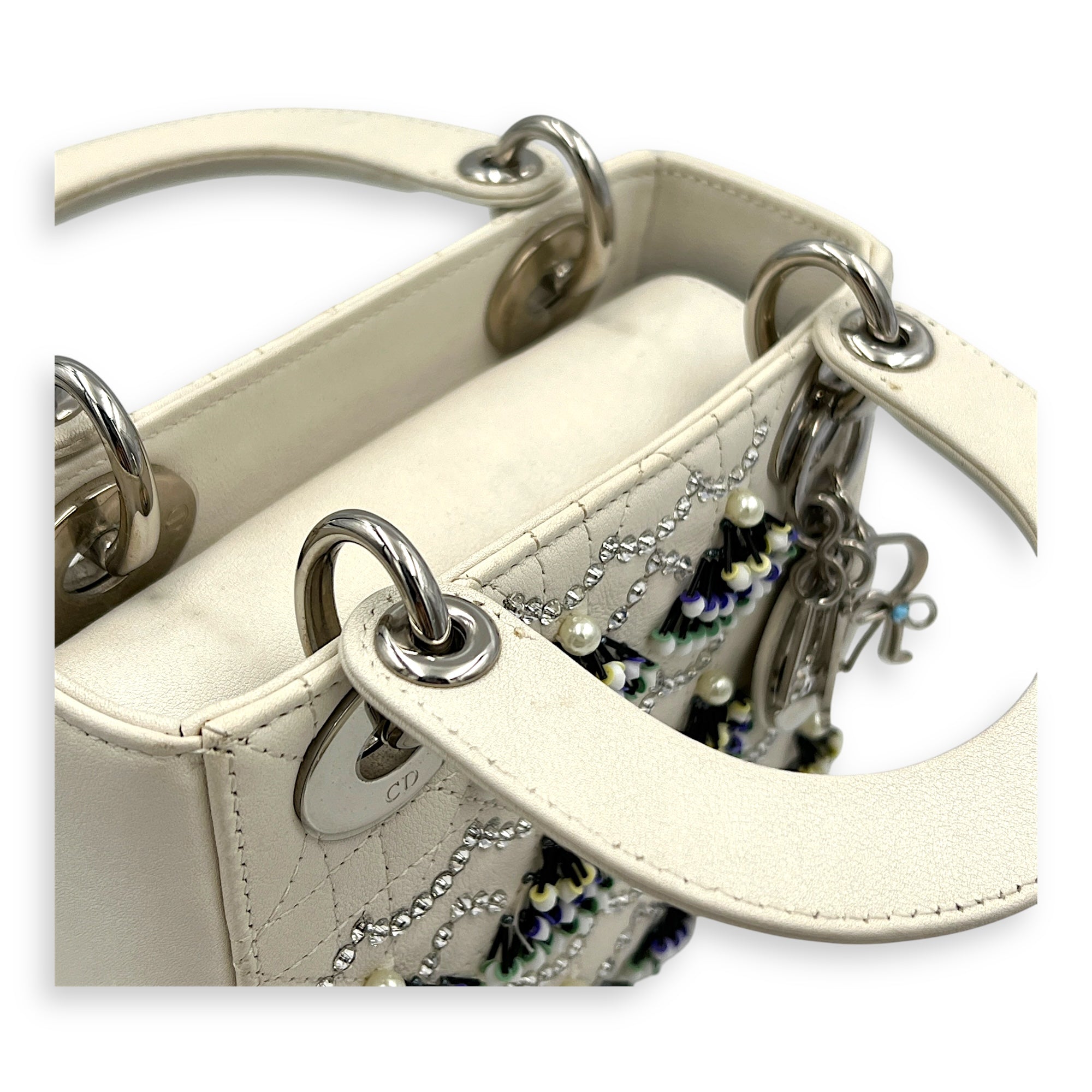 Lady Dior Top Handle Bag Mini White in Calfskin, Silver hardware