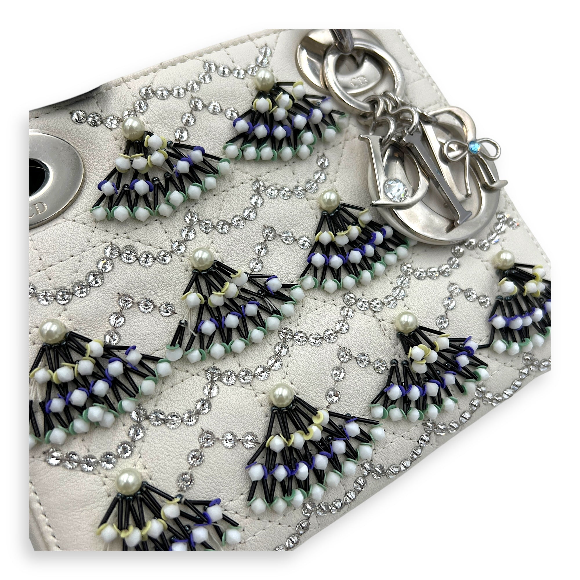 Lady Dior Top Handle Bag Mini White in Calfskin, Silver hardware