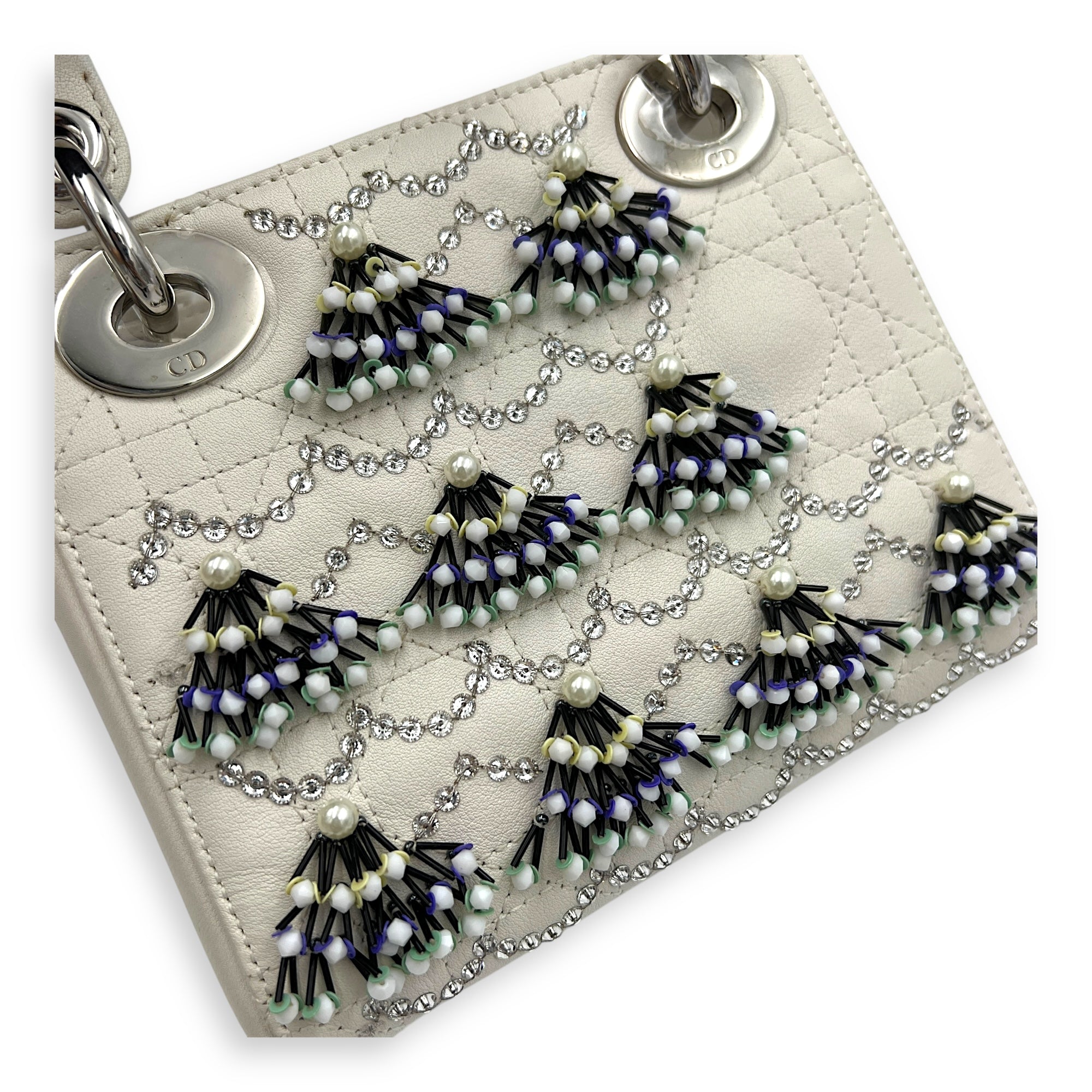 Lady Dior Top Handle Bag Mini White in Calfskin, Silver hardware