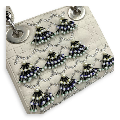 Lady Dior Top Handle Bag Mini White in Calfskin, Silver hardware