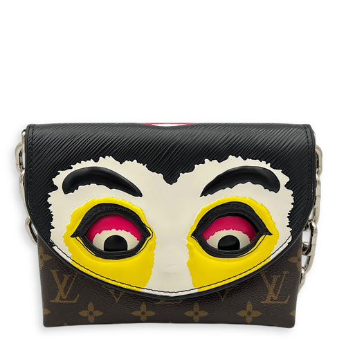 Pochette Kabuki Mask Chain Shoulder Bag Brown in Monogram Coated Canvas, Silver hardware