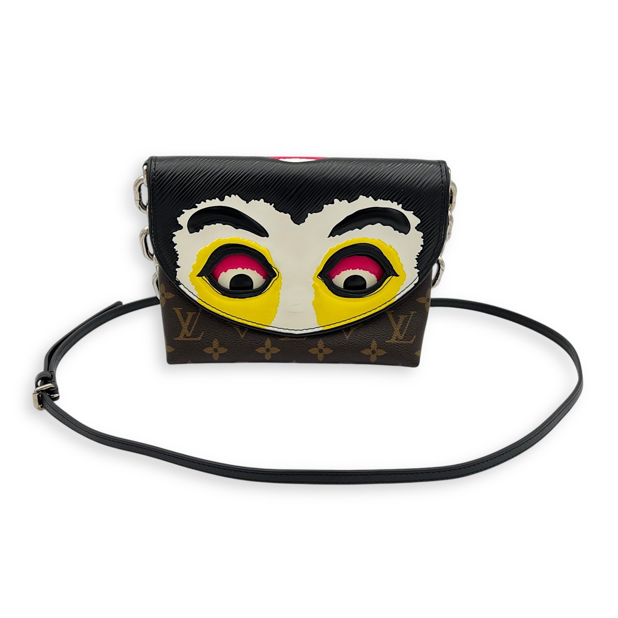 Pochette Kabuki Mask Chain Shoulder Bag Brown in Monogram Coated Canvas, Silver hardware