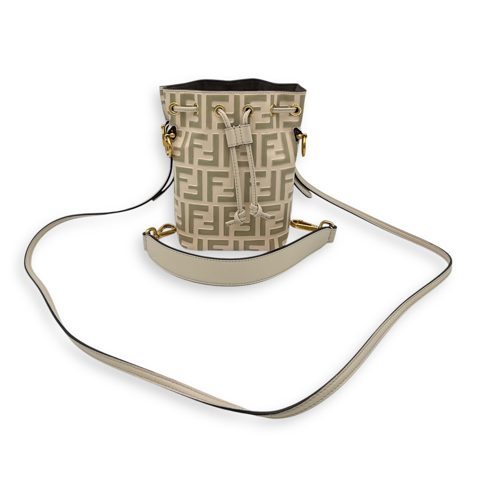 Mon Tresor Bucket Bag White in Embossed Leather, Gold hardware