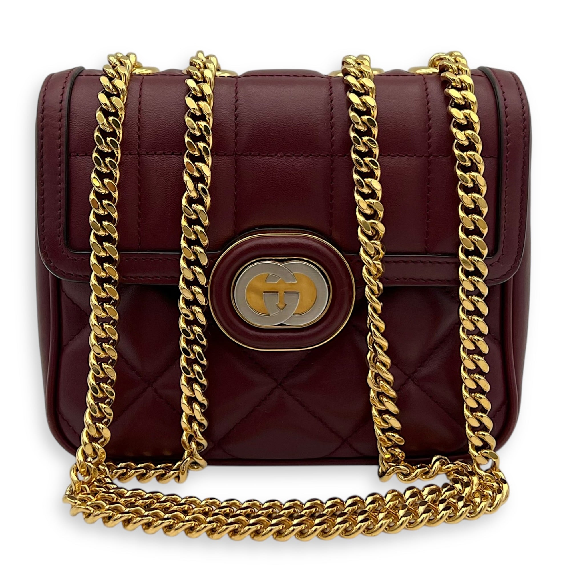 Interlocking GG Deco Shoulder Bag Red in Calfskin, Gold hardware