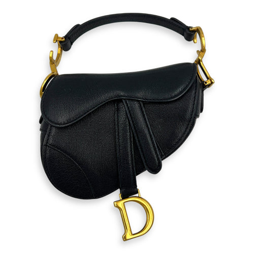 Saddle Top Handle Bag Micro Black in Chevre Mysore, Gold hardware