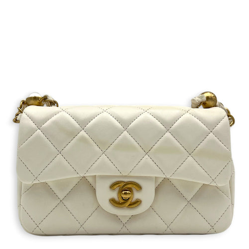 Rectangle Pearl Chain Shoulder Bag White in Lambskin, Gold hardware