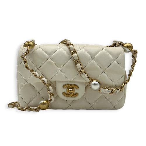 Rectangle Pearl Chain Shoulder Bag White in Lambskin, Gold hardware