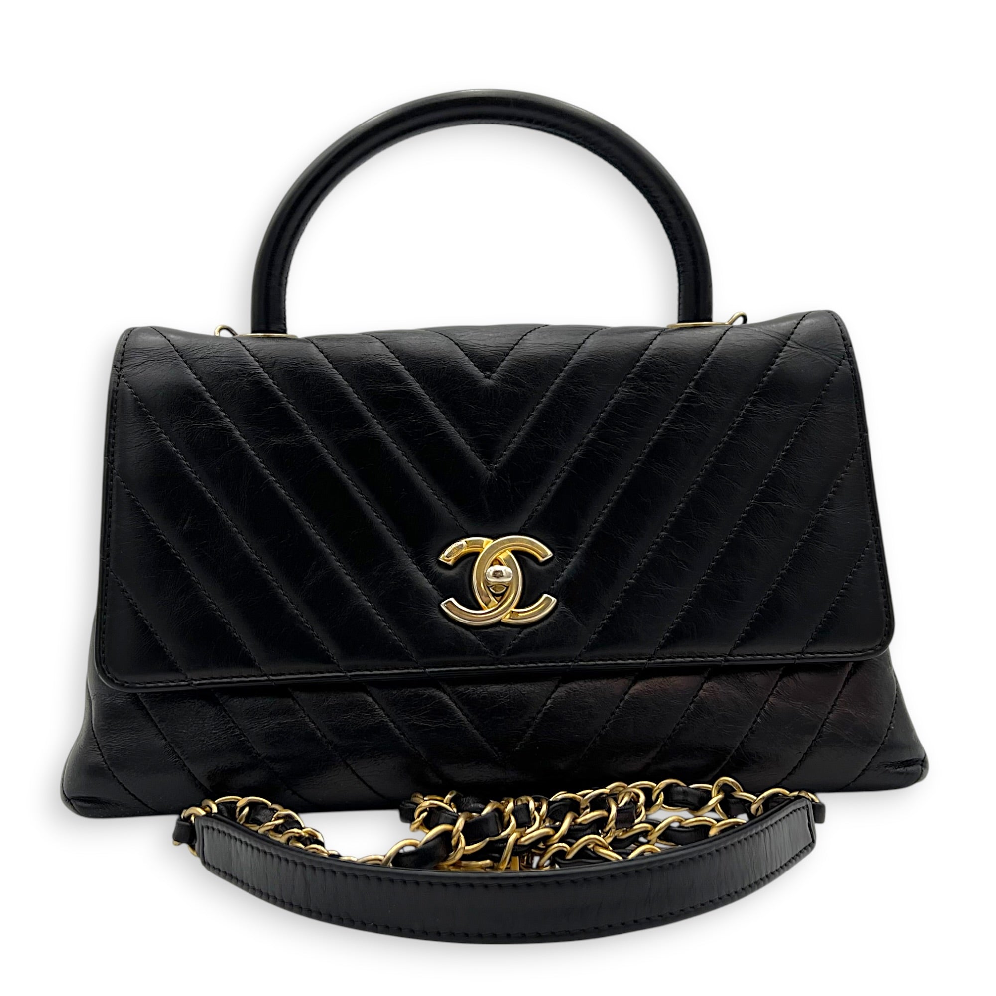 Coco Chevron Black Top Handle Bag in Calfskin, Gold hardware