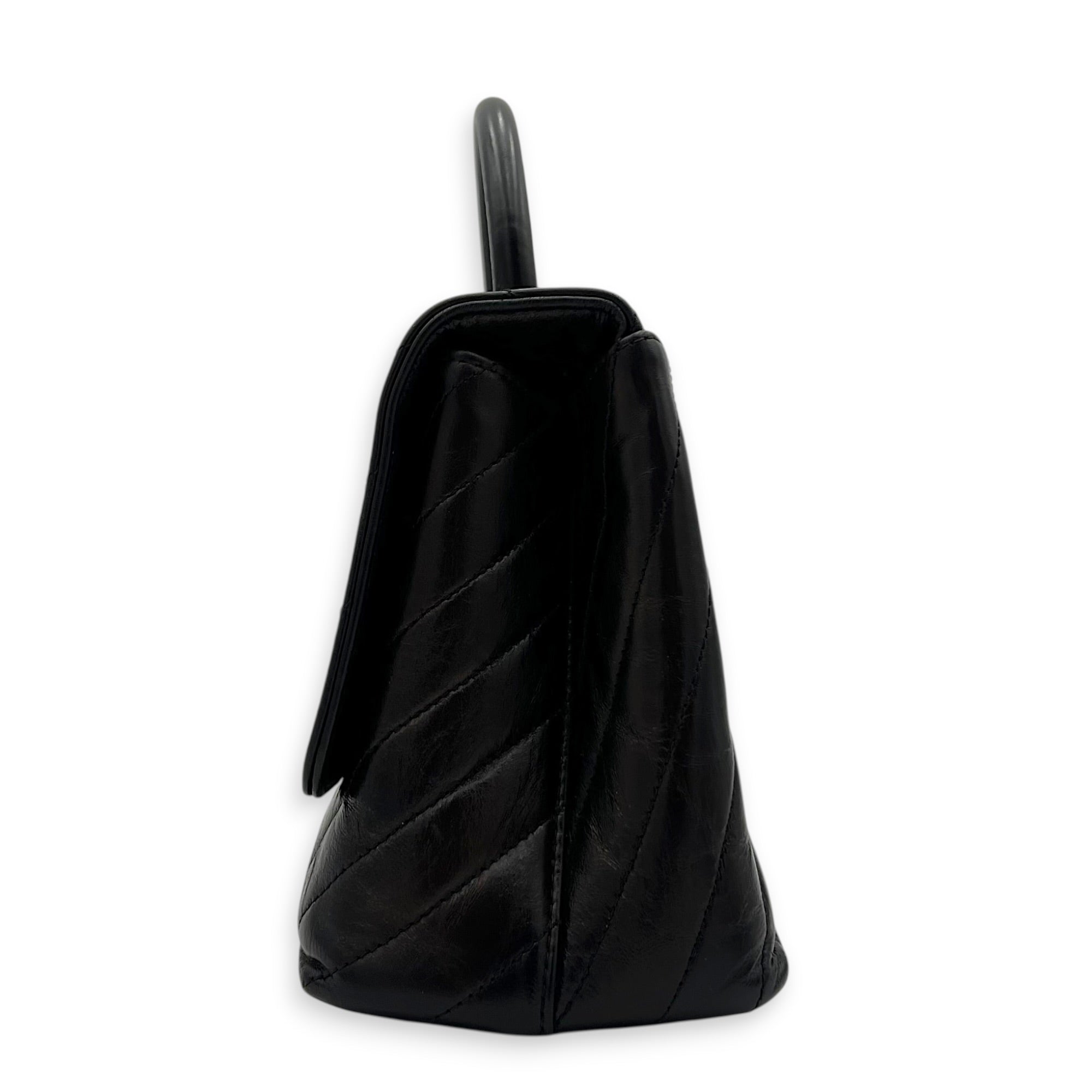 Coco Chevron Black Top Handle Bag in Calfskin, Gold hardware