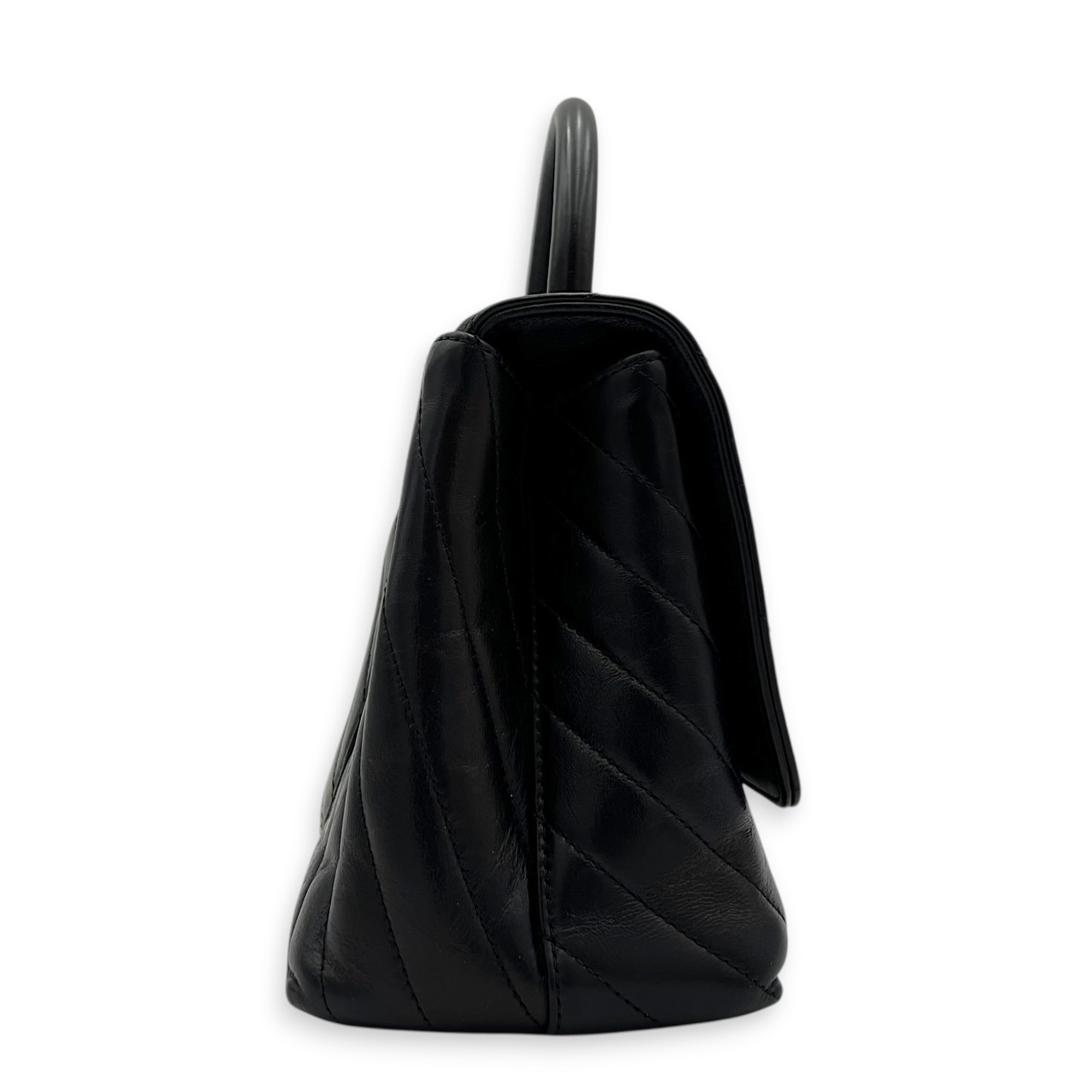 Coco Chevron Black Top Handle Bag in Calfskin, Gold hardware