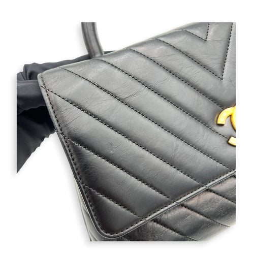 Coco Chevron Black Top Handle Bag in Calfskin, Gold hardware